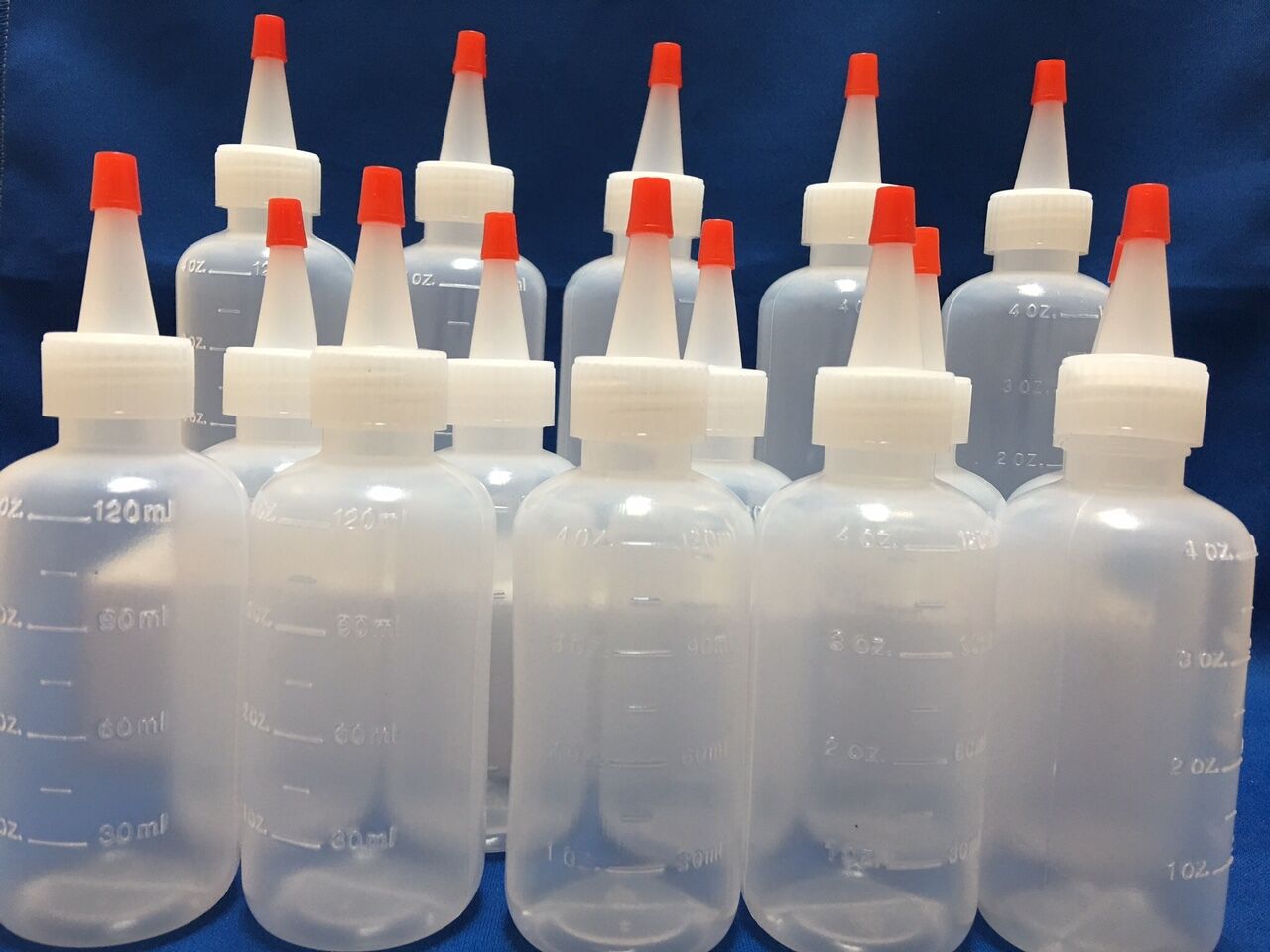 12 pack of 4oz (120mL) Plastic Boston Round Squeeze Bottles + Yorker Caps LDPE