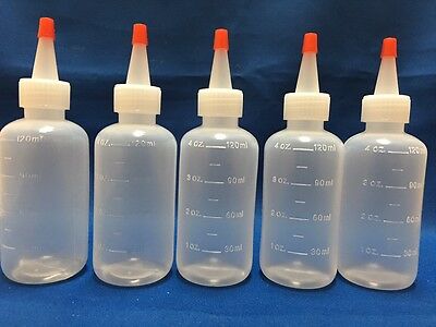 5 Pack Of 4oz (120ml) Plastic Boston Round Squeeze Bottles + Yorker Caps Ldpe