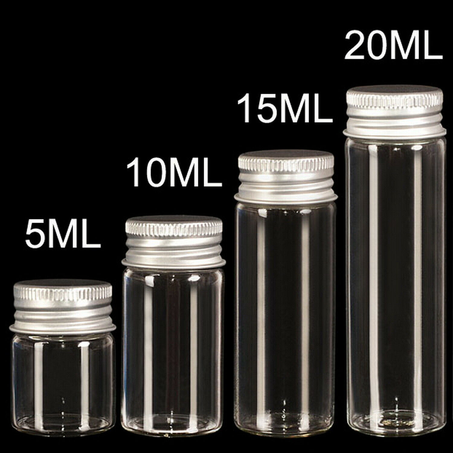 Lots of Small Glass Bottles with Aluminum Screw Cap Top Lids Cute Tiny Vials Jar