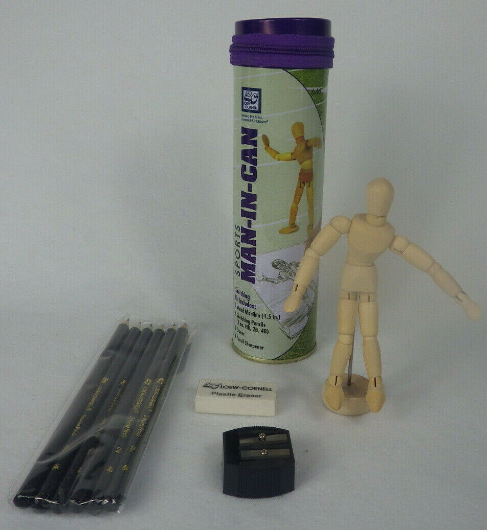 Artist Wooden Mannequin Articulated 5 Inch Man In A Can With Pencils And More