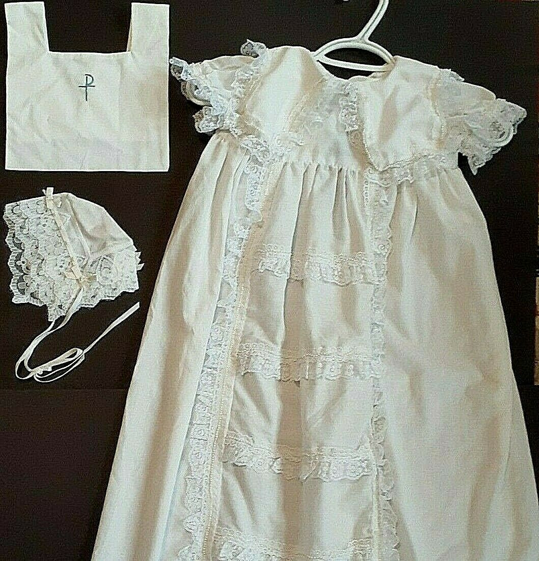 Vintage Christening Baby Infant Long 3 Pc Baptism Unisex Lace Pearls Gown Dress