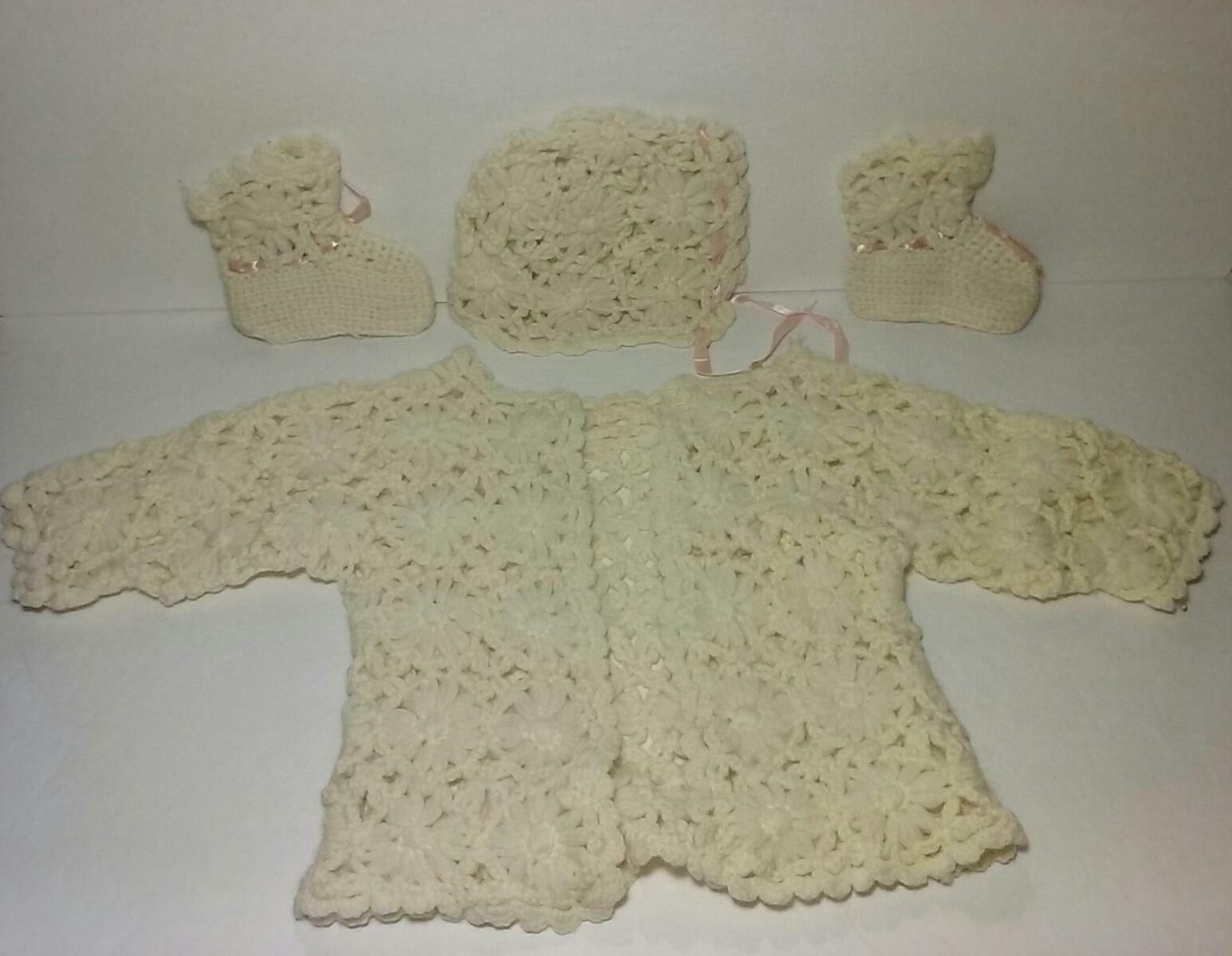Vintage Baby Or Baby Doll - Handmade Crochet Set - Hat Booties Sweater Pink Trim
