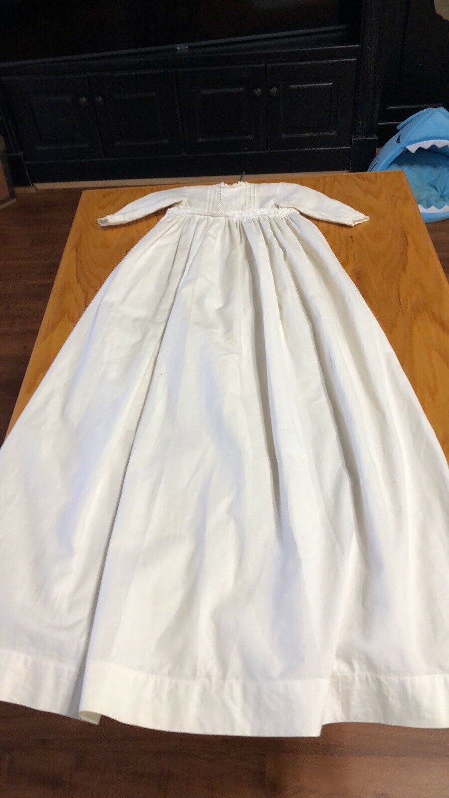 Antique Handmade Christening Baptism Gown W/ Wood Hanger