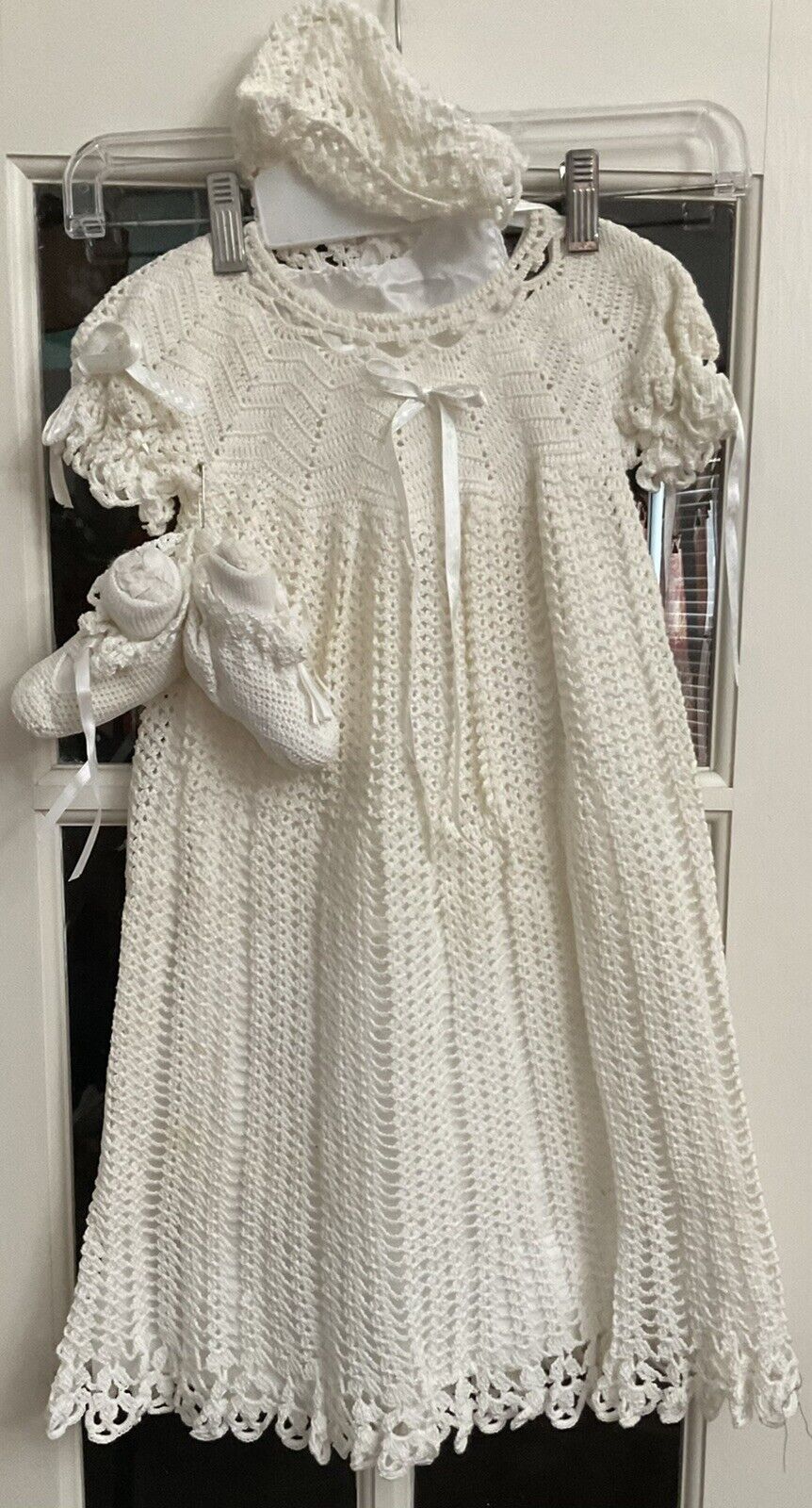 **RARE** Vintage hand crocheted Baptism Christening gown shoes hat