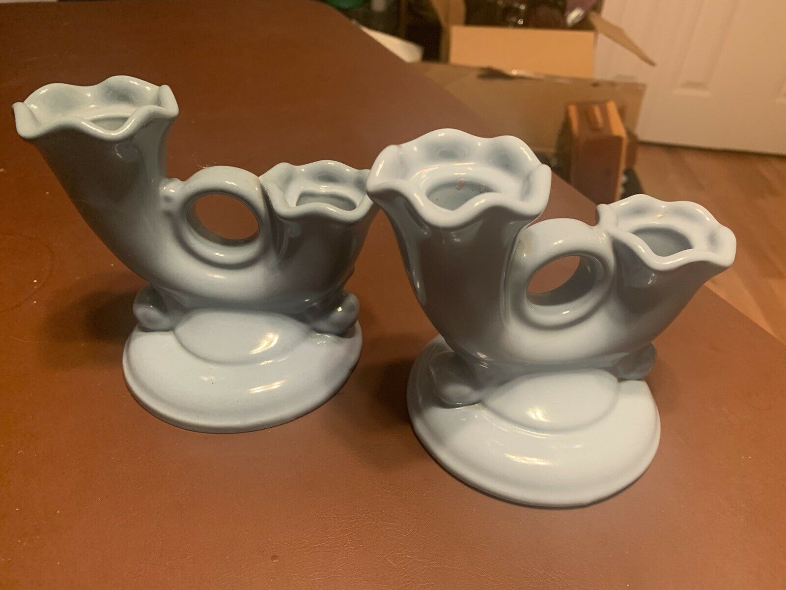 Pair Of Blue Abingdon Pottery 575 Candle Holders