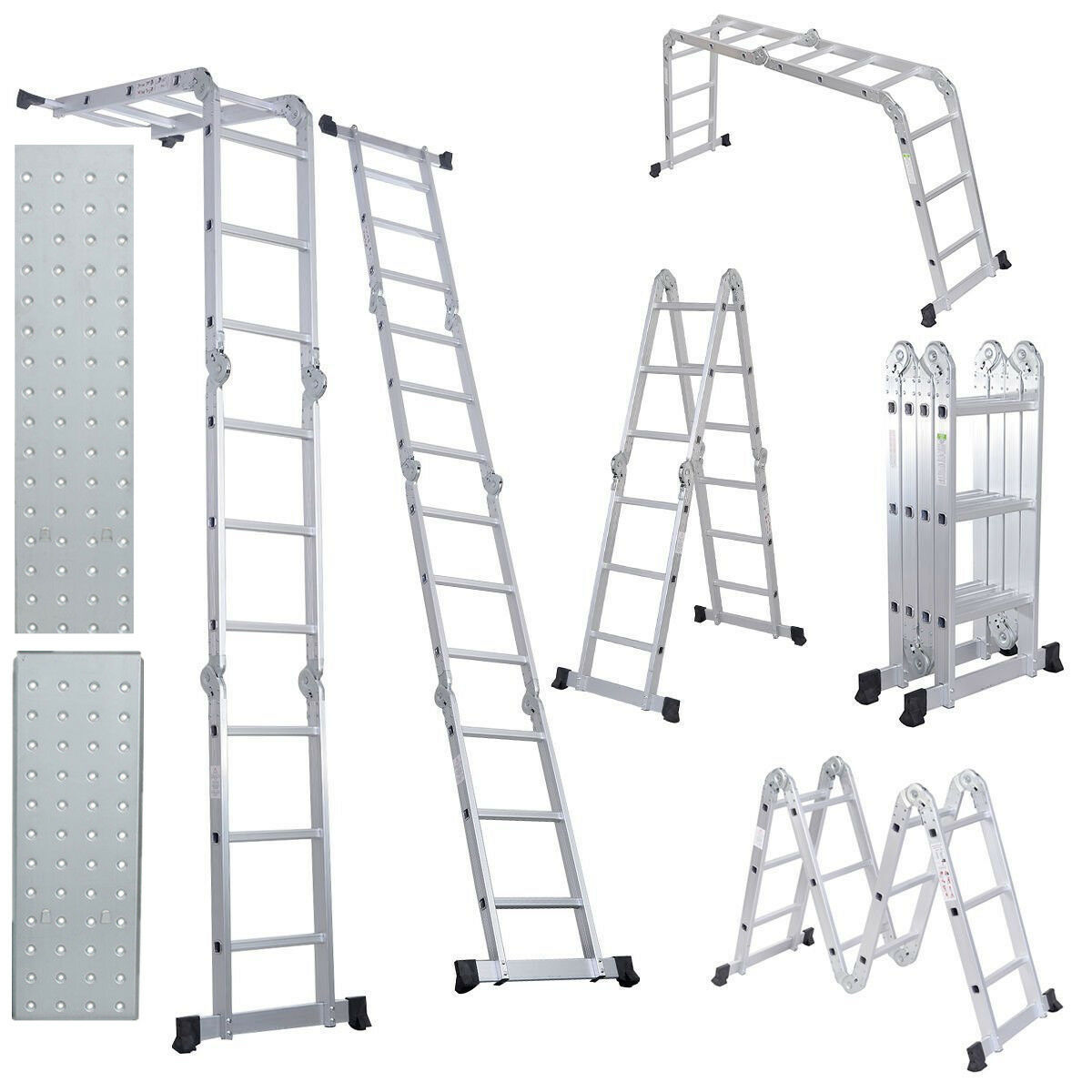 12.5ft Extension Multifunction Aluminum Folding Step Ladder Scaffold W/2 Plates