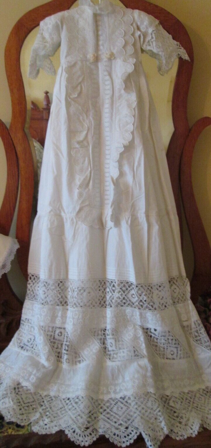 Antique Vintage Christening Gown Long Baby Dress Embroidery Lace Victorian