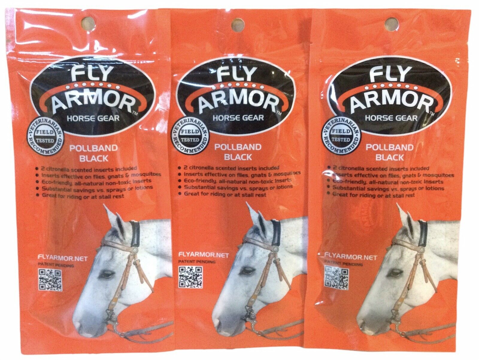 3 Pk Fly Armor Horse Gear Pollband Black Fly Repellent Bands 2 Inserts Per Pack