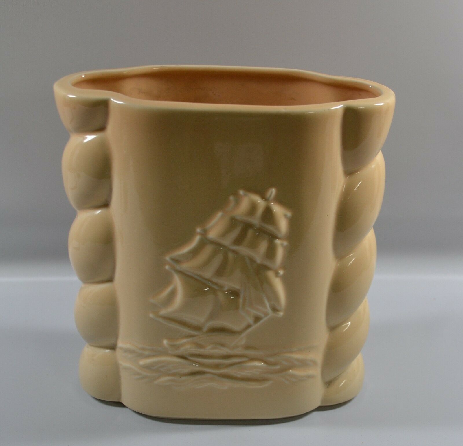 Vintage Abingdon Pottery Beige Sailing Clipper 7-inch Vase, c. 1934 - 1950