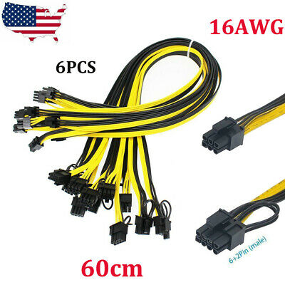 6pcs 60cm Quality Breakout Cable 6Pin to 8Pin (6+2Pin) PCI-E Cable 16AWG Mining