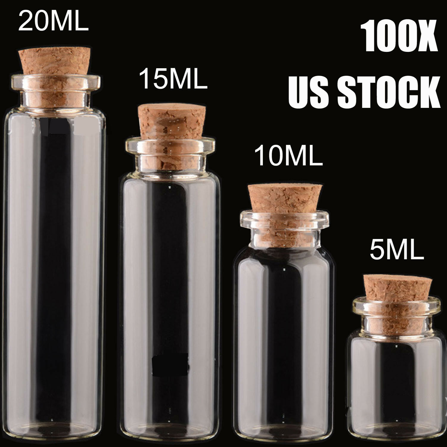 24/100 Glass Bottles With Cork Stopper Tiny Vials Storage Crafts 5/10/15/20ml
