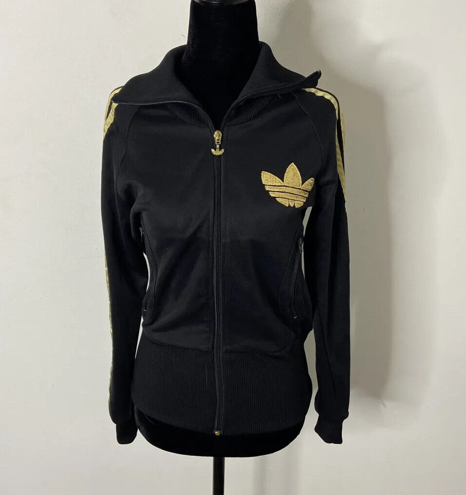 Adidas Woman S Gold Sequence Bling Black Track Jacket Bomber Fire Bird