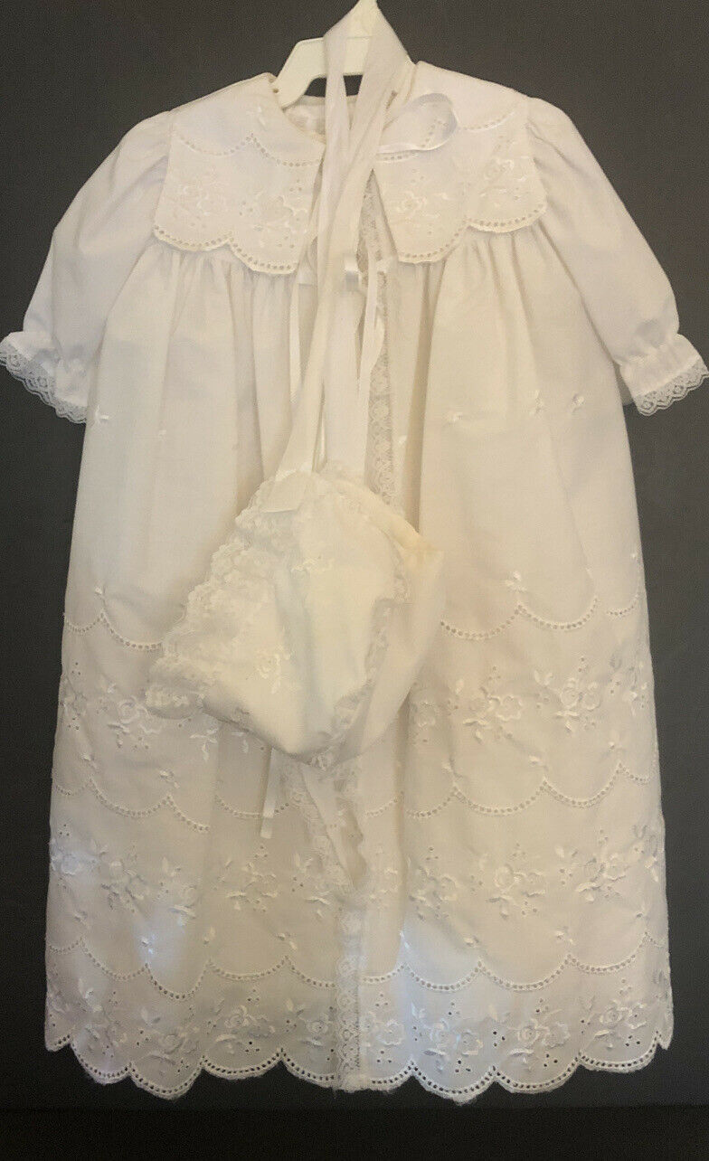Vintage Christening Set Laced Trimmed Slip, Bonnet, Baptism Gown, Long Over Coat