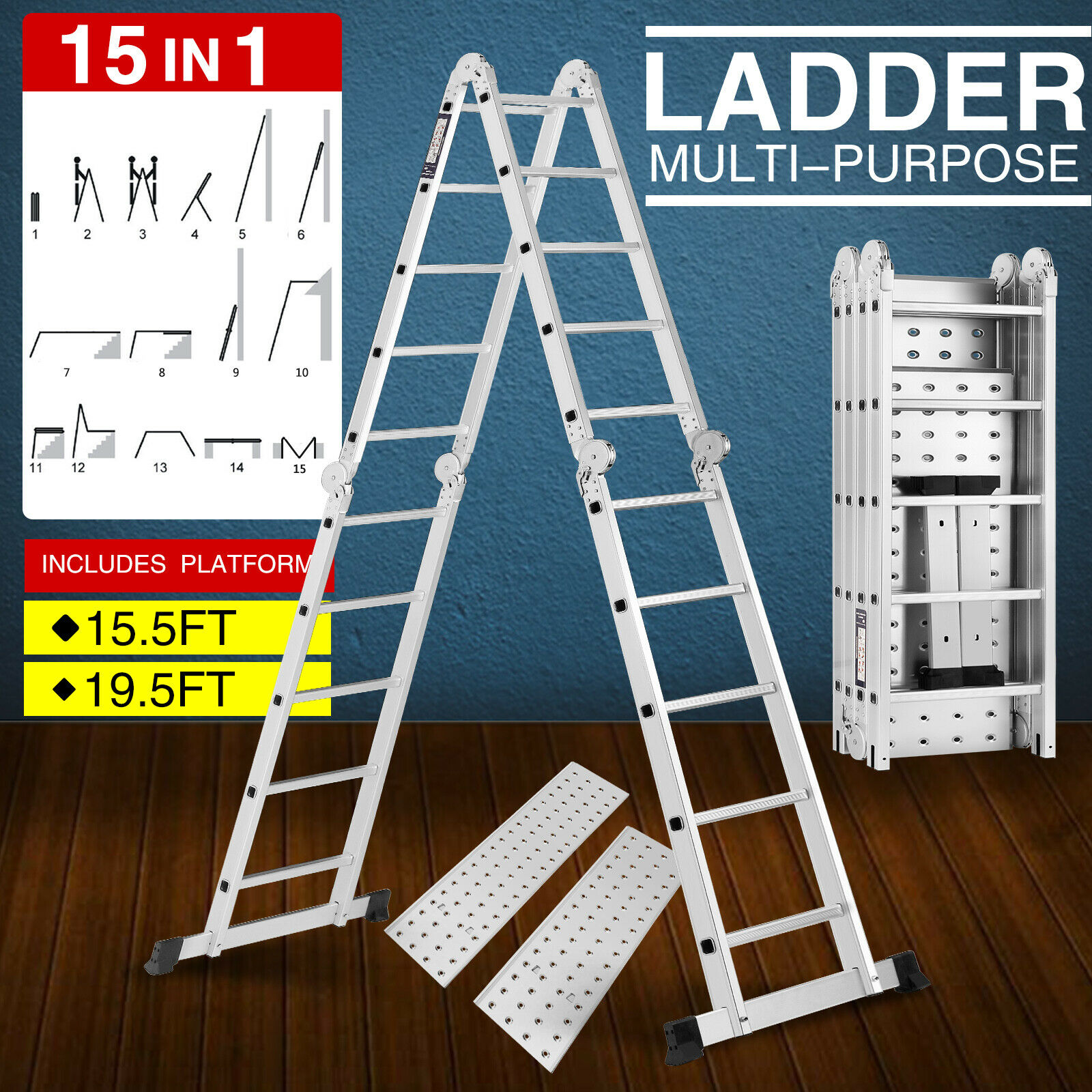 15.5ft/19.5ft Folding Step Ladders Multi-purpose Aluminium Extension Heavy Duty