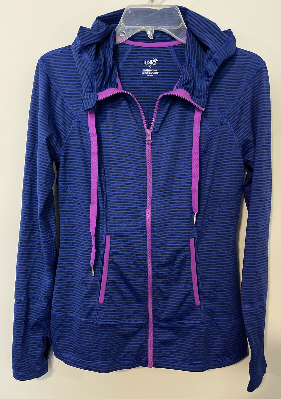 Lukka Womens Small Blue Striped Full-Zip Hooded Jacket! A3906